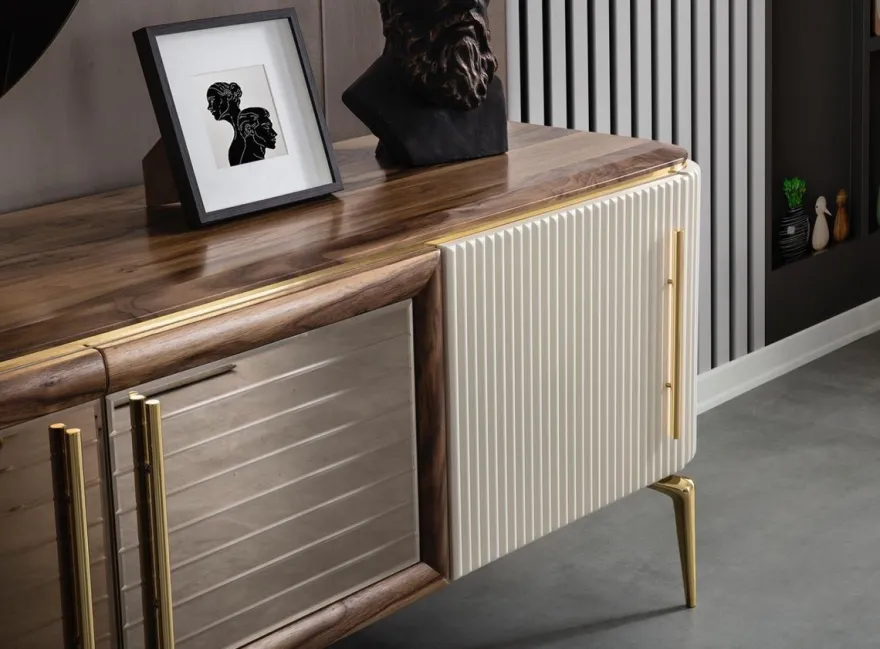 Casa Padrino Luxus Art Deco Sideboard Braun / Weiß / Gold 235 x 48 x H. 76 cm - Edler Schrank mit 4 Türen - Art Deco Möbel