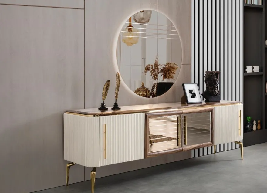 Casa Padrino Luxus Art Deco Sideboard Braun / Weiß / Gold 235 x 48 x H. 76 cm - Edler Schrank mit 4 Türen - Art Deco Möbel