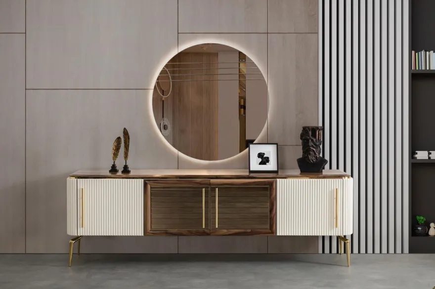 Casa Padrino Luxus Art Deco Sideboard Braun / Weiß / Gold 235 x 48 x H. 76 cm - Edler Schrank mit 4 Türen - Art Deco Möbel