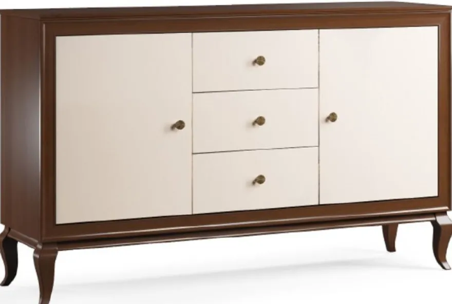 Casa Padrino Luxus Art Deco Sideboard Dunkelbraun / Cremefarben 156 x 43,5 x H. 95,5 cm - Massivholz Schrank mit 2 Türen und 3 Schubladen - Art Deco Wohnzimmer Möbel