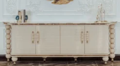 Casa Padrino Luxus Art Deco Sideboard Grau / Weiß / Gold 250 x 55,5 x H. 89 cm - Edler Massivholz Schrank mit 4 Türen und Kunstmarmor Platte - Art Deco Möbel - Luxus Qualität