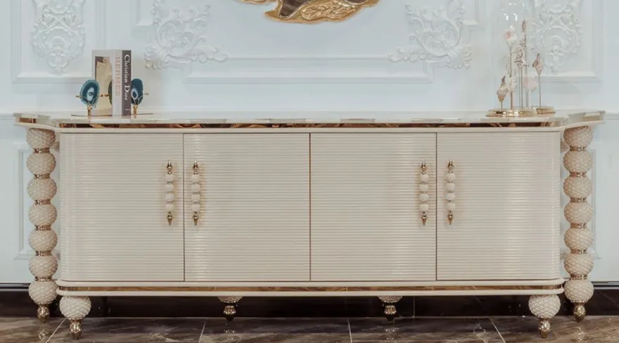Casa Padrino Luxus Art Deco Sideboard Grau / Weiß / Gold 250 x 55,5 x H. 89 cm - Edler Massivholz Schrank mit 4 Türen und Kunstmarmor Platte - Art Deco Möbel - Luxus Qualität
