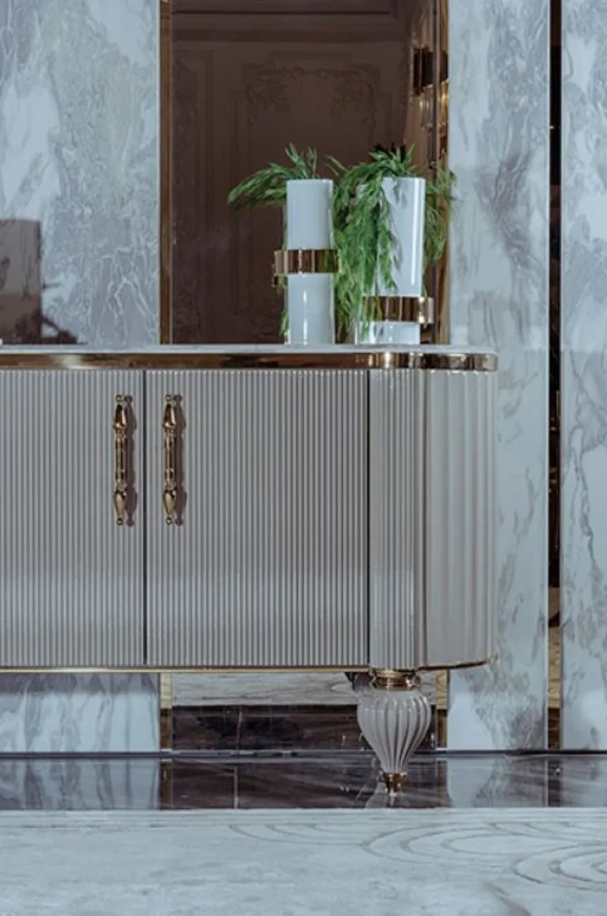 Casa Padrino Luxus Art Deco Sideboard Grau / Weiß / Gold 235 x 54 x H. 90 cm - Edler Massivholz Schrank mit 4 Türen und Kunstmarmor Platte - Art Deco Möbel - Luxus Qualität