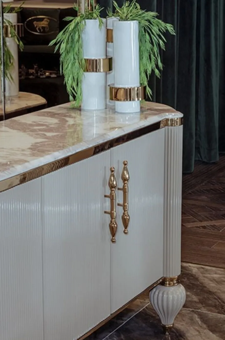 Casa Padrino Luxus Art Deco Sideboard Grau / Weiß / Gold 235 x 54 x H. 90 cm - Edler Massivholz Schrank mit 4 Türen und Kunstmarmor Platte - Art Deco Möbel - Luxus Qualität