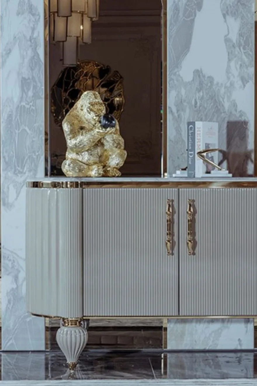 Casa Padrino Luxus Art Deco Sideboard Grau / Weiß / Gold 235 x 54 x H. 90 cm - Edler Massivholz Schrank mit 4 Türen und Kunstmarmor Platte - Art Deco Möbel - Luxus Qualität
