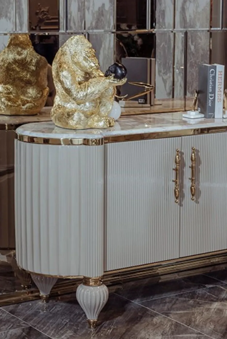 Casa Padrino Luxus Art Deco Sideboard Grau / Weiß / Gold 235 x 54 x H. 90 cm - Edler Massivholz Schrank mit 4 Türen und Kunstmarmor Platte - Art Deco Möbel - Luxus Qualität