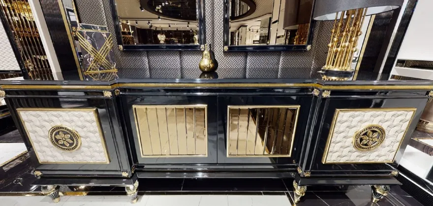 Casa Padrino Luxus Art Deco Sideboard Schwarz / Weiß / Gold - Prunkvoller Massivholz Schrank mit 4 Türen - Luxus Art Deco Wohnzimmer & Hotel Möbel