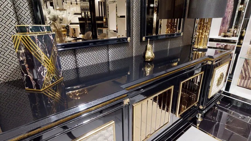 Casa Padrino Luxus Art Deco Sideboard Schwarz / Weiß / Gold - Prunkvoller Massivholz Schrank mit 4 Türen - Luxus Art Deco Wohnzimmer & Hotel Möbel