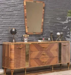 Casa Padrino Luxus Art Deco Sideboard Braun / Gold 200 x 42 x H. 72 cm - Edler Massivholz Schrank mit 2 Türen und 3 Schubladen - Art Deco Möbel - Luxus Möbel