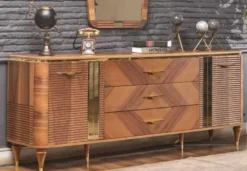 Casa Padrino Luxus Art Deco Sideboard Braun / Gold 200 x 42 x H. 72 cm - Edler Massivholz Schrank mit 2 Türen und 3 Schubladen - Art Deco Möbel - Luxus Möbel