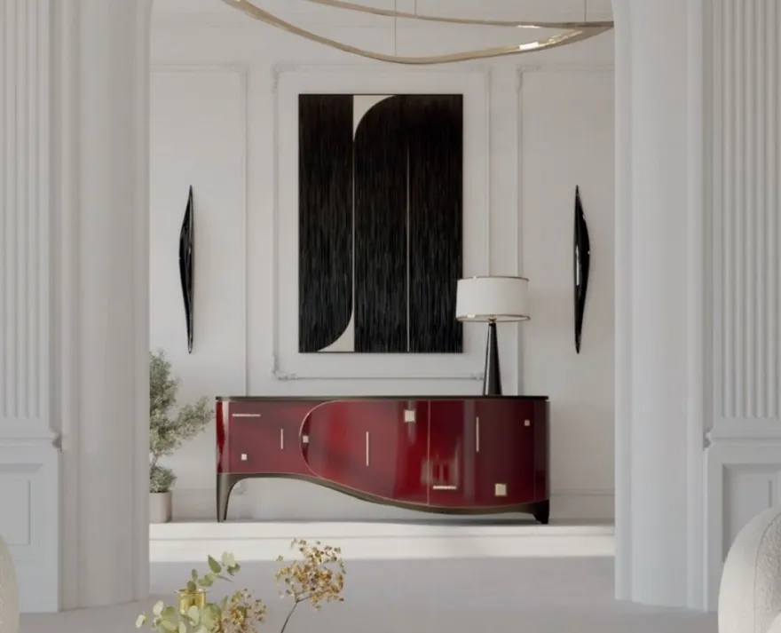 Casa Padrino Luxus Art Deco Sideboard Rot / Schwarz / Messing 195 x 55 x H. 75 cm - Edler Massivholz Schrank - Art Deco Möbel - Hotel Möbel - Luxus Möbel