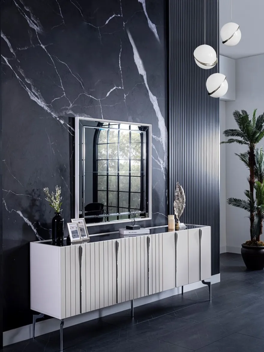 Casa Padrino Luxus Art Deco Sideboard Weiß / Schwarz / Silber 208 x 44 x H. 84 cm - Edler Schrank mit 5 Türen - Art Deco Möbel