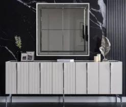 Casa Padrino Luxus Art Deco Sideboard Weiß / Schwarz / Silber 208 x 44 x H. 84 cm - Edler Schrank mit 5 Türen - Art Deco Möbel