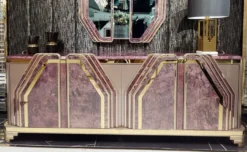 Casa Padrino Luxus Art Deco Sideboard Lila / Grau / Gold - Prunkvoller Massivholz Schrank mit 4 Türen und Marmoroptik - Luxus Art Deco Wohnzimmer & Hotel Möbel