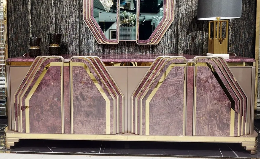 Casa Padrino Luxus Art Deco Sideboard Lila / Grau / Gold - Prunkvoller Massivholz Schrank mit 4 Türen und Marmoroptik - Luxus Art Deco Wohnzimmer & Hotel Möbel