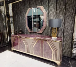 Casa Padrino Luxus Art Deco Sideboard Lila / Grau / Gold - Prunkvoller Massivholz Schrank mit 4 Türen und Marmoroptik - Luxus Art Deco Wohnzimmer & Hotel Möbel