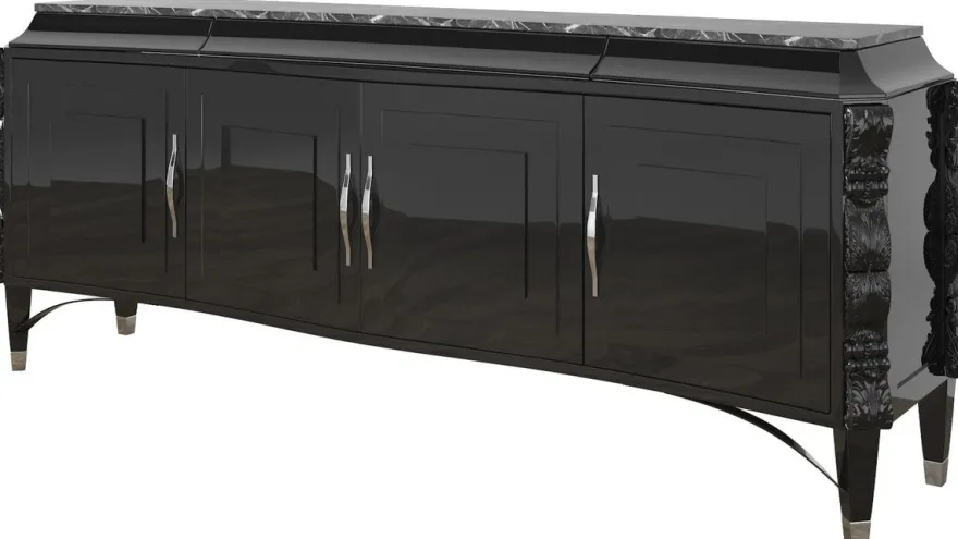 Casa Padrino Luxus Art Deco Sideboard Schwarz / Silber 220 x 50 x H. 90 cm - Edler Wohnzimmer Schrank mit 4 Türen und Marmorplatte - Art Deco Möbel