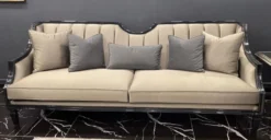 Casa Padrino Luxus Art Deco Sofa Beige / Schwarz - Handgefertigtes Massivholz Wohnzimmer Sofa - Luxus Art Deco Wohnzimmer Möbel