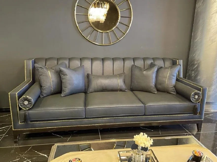 Casa Padrino Luxus Art Deco Sofa Grau / Schwarz - Handgefertigtes Massivholz Wohnzimmer Sofa - Luxus Art Deco Wohnzimmer Möbel