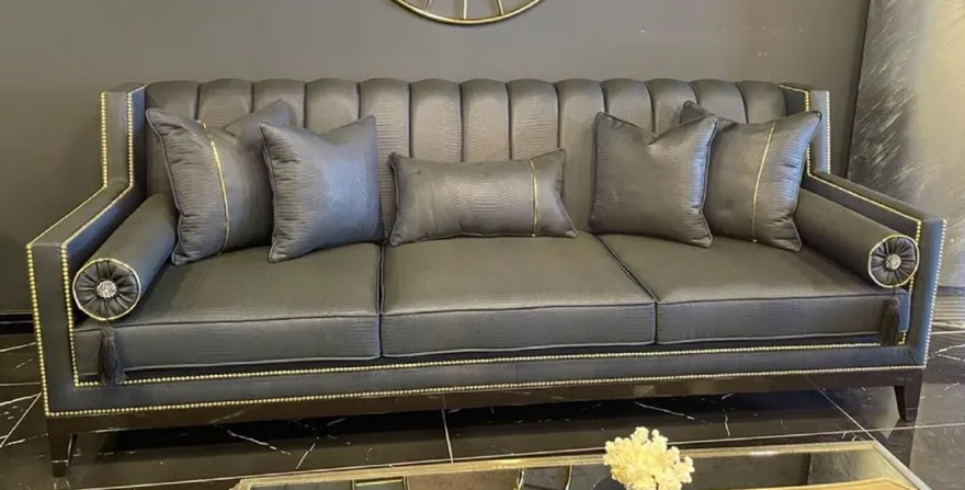Casa Padrino Luxus Art Deco Sofa Grau / Schwarz - Handgefertigtes Massivholz Wohnzimmer Sofa - Luxus Art Deco Wohnzimmer Möbel