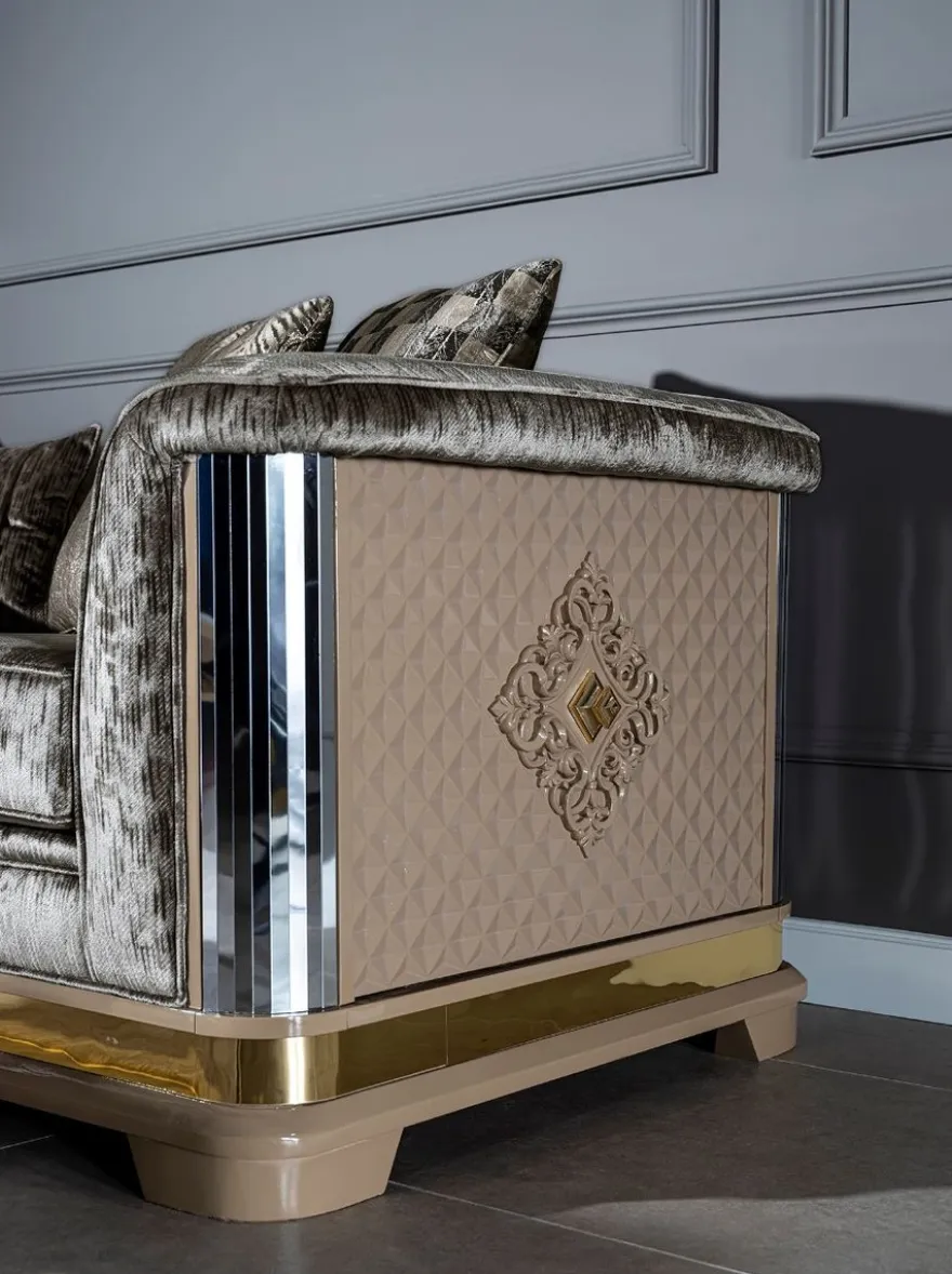 Casa Padrino Luxus Art Deco Sofa Silber / Schwarz / Beige / Gold 249 x 93 x H. 72 cm - Wohnzimmer Sofa mit dekorativen Kissen - Art Deco Wohnzimmer Möbel