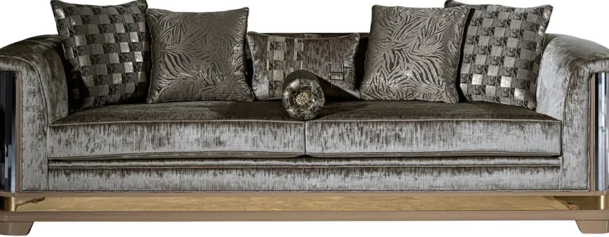 Casa Padrino Luxus Art Deco Sofa Silber / Schwarz / Beige / Gold 249 x 93 x H. 72 cm - Wohnzimmer Sofa mit dekorativen Kissen - Art Deco Wohnzimmer Möbel