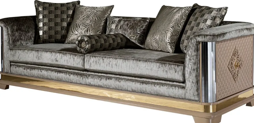 Casa Padrino Luxus Art Deco Sofa Silber / Schwarz / Beige / Gold 249 x 93 x H. 72 cm - Wohnzimmer Sofa mit dekorativen Kissen - Art Deco Wohnzimmer Möbel