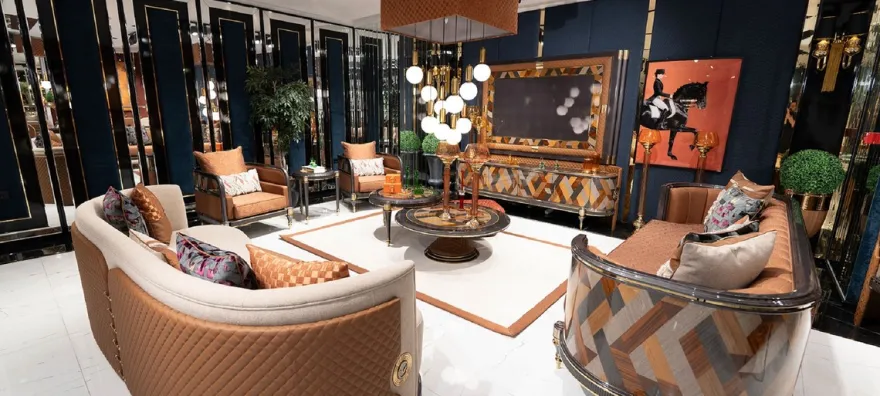 Casa Padrino Luxus Art Deco Sofa Braun / Mehrfarbig / Grau / Gold - Wohnzimmer Sofa - Wohnzimmer Möbel - Art Deco Möbel - Luxus Möbel