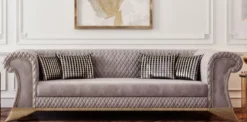 Casa Padrino Luxus Art Deco Sofa Grau / Gold - Wohnzimmer Sofa - Hotel Sofa - Luxus Art Deco Wohnzimmer & Hotel Möbel