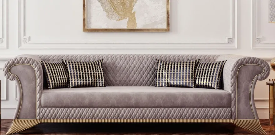 Casa Padrino Luxus Art Deco Sofa Grau / Gold - Wohnzimmer Sofa - Hotel Sofa - Luxus Art Deco Wohnzimmer & Hotel Möbel