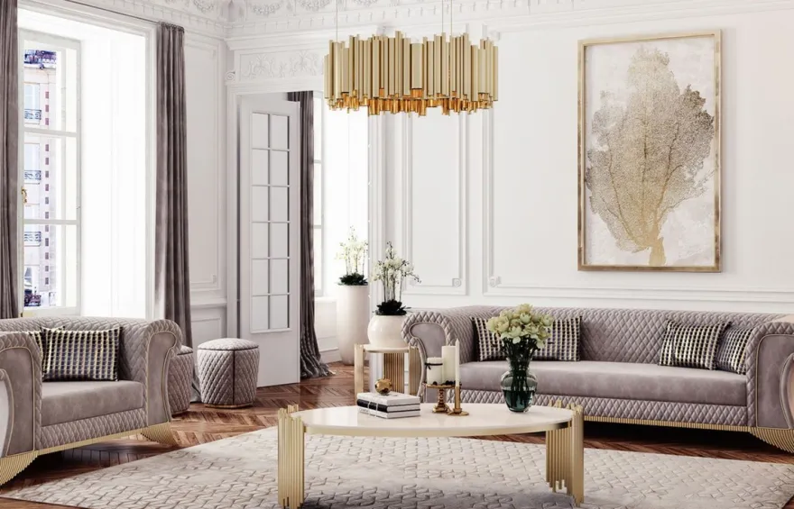 Casa Padrino Luxus Art Deco Sofa Grau / Gold - Wohnzimmer Sofa - Hotel Sofa - Luxus Art Deco Wohnzimmer & Hotel Möbel