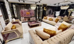 Casa Padrino Luxus Art Deco Sofa Beige / Lila / Grau / Gold - Edles Wohnzimmer Sofa mit Marmoroptik - Luxus Art Deco Wohnzimmer & Hotel Möbel