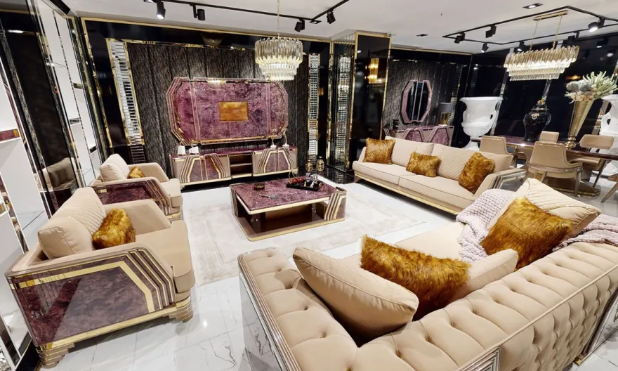 Casa Padrino Luxus Art Deco Sofa Beige / Lila / Grau / Gold - Edles Wohnzimmer Sofa mit Marmoroptik - Luxus Art Deco Wohnzimmer & Hotel Möbel