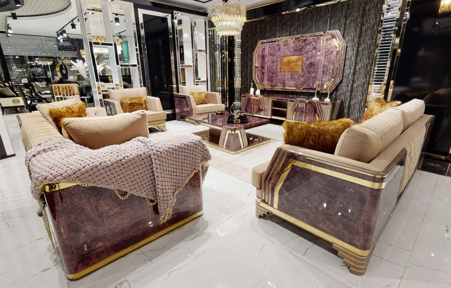 Casa Padrino Luxus Art Deco Sofa Beige / Lila / Grau / Gold - Edles Wohnzimmer Sofa mit Marmoroptik - Luxus Art Deco Wohnzimmer & Hotel Möbel