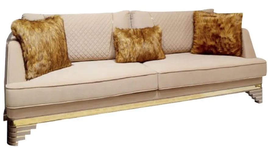 Casa Padrino Luxus Art Deco Sofa Beige / Lila / Grau / Gold - Edles Wohnzimmer Sofa mit Marmoroptik - Luxus Art Deco Wohnzimmer & Hotel Möbel