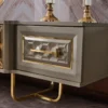Casa Padrino Luxus Art Deco TV Schrank Set Grau / Gold - Wohnzimmer Sideboard mit LED Elektrokamin & TV Rückwand - Art Deco Möbel - Wohnzimmer Möbel - Luxus Möbel - Luxus Einrichtung