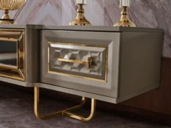 Casa Padrino Luxus Art Deco TV Schrank Set Grau / Gold - Wohnzimmer Sideboard mit LED Elektrokamin & TV Rückwand - Art Deco Möbel - Wohnzimmer Möbel - Luxus Möbel - Luxus Einrichtung