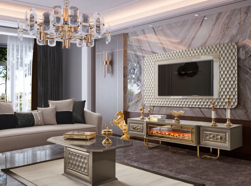 Casa Padrino Luxus Art Deco TV Schrank Set Grau / Gold - Wohnzimmer Sideboard mit LED Elektrokamin & TV Rückwand - Art Deco Möbel - Wohnzimmer Möbel - Luxus Möbel - Luxus Einrichtung