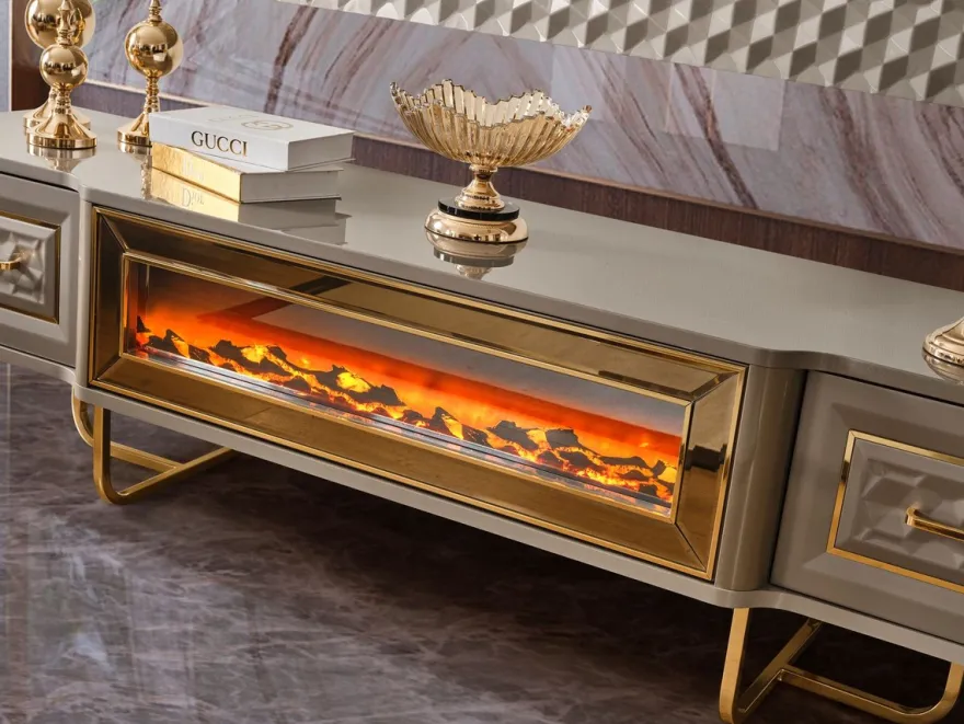 Casa Padrino Luxus Art Deco TV Schrank Set Grau / Gold - Wohnzimmer Sideboard mit LED Elektrokamin & TV Rückwand - Art Deco Möbel - Wohnzimmer Möbel - Luxus Möbel - Luxus Einrichtung
