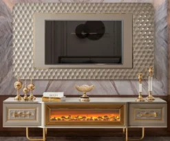 Casa Padrino Luxus Art Deco TV Schrank Set Grau / Gold - Wohnzimmer Sideboard mit LED Elektrokamin & TV Rückwand - Art Deco Möbel - Wohnzimmer Möbel - Luxus Möbel - Luxus Einrichtung