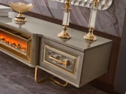 Casa Padrino Luxus Art Deco TV Schrank Set Grau / Gold - Wohnzimmer Sideboard mit LED Elektrokamin & TV Rückwand - Art Deco Möbel - Wohnzimmer Möbel - Luxus Möbel - Luxus Einrichtung