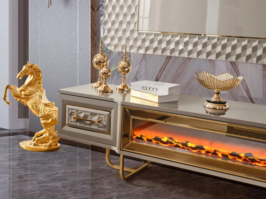 Casa Padrino Luxus Art Deco TV Schrank Set Grau / Gold - Wohnzimmer Sideboard mit LED Elektrokamin & TV Rückwand - Art Deco Möbel - Wohnzimmer Möbel - Luxus Möbel - Luxus Einrichtung