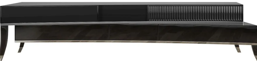 Casa Padrino Luxus Art Deco TV Schrank Schwarz / Silber 250 x 50 x H. 57 cm - Edler Fernsehschrank mit Schubladen - Art Deco Wohnzimmer Möbel