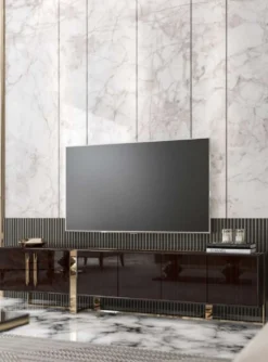 Casa Padrino Luxus Art Deco TV Schrank Dunkelbraun Hochglanz / Gold - Edler Wohnzimmer Fernsehschrank mit 6 Türen - Art Deco Möbel