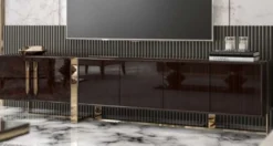 Casa Padrino Luxus Art Deco TV Schrank Dunkelbraun Hochglanz / Gold - Edler Wohnzimmer Fernsehschrank mit 6 Türen - Art Deco Möbel