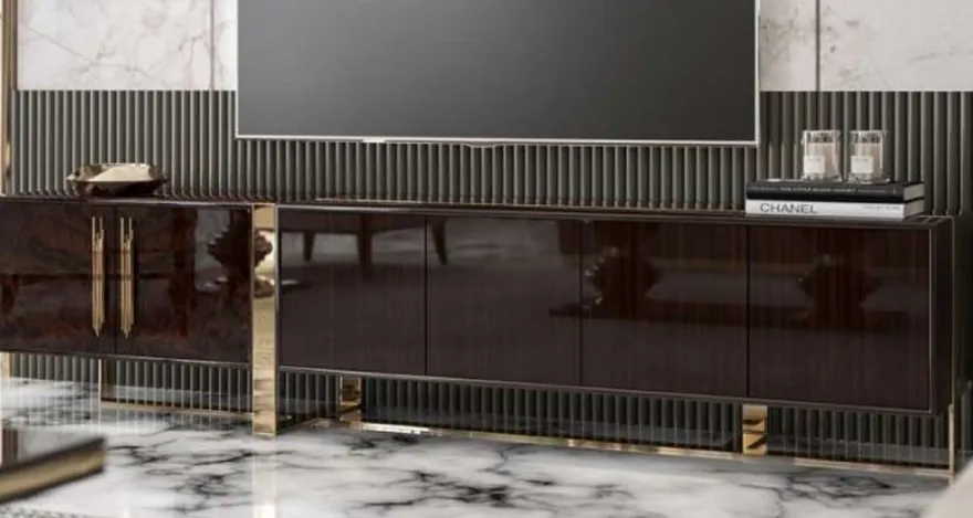 Casa Padrino Luxus Art Deco TV Schrank Dunkelbraun Hochglanz / Gold - Edler Wohnzimmer Fernsehschrank mit 6 Türen - Art Deco Möbel