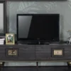 Casa Padrino Luxus Art Deco TV Schrank Grau / Schwarz / Messingfarben 226 x 44 x H. 65 cm - Edler Wohnzimmer Fernsehschrank mit Schublade und 2 Türen - Art Deco Möbel