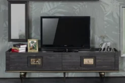 Casa Padrino Luxus Art Deco TV Schrank Grau / Schwarz / Messingfarben 226 x 44 x H. 65 cm - Edler Wohnzimmer Fernsehschrank mit Schublade und 2 Türen - Art Deco Möbel