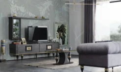 Casa Padrino Luxus Art Deco TV Schrank Grau / Schwarz / Messingfarben 226 x 44 x H. 65 cm - Edler Wohnzimmer Fernsehschrank mit Schublade und 2 Türen - Art Deco Möbel