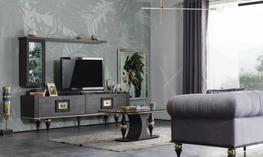 Casa Padrino Luxus Art Deco TV Schrank Grau / Schwarz / Messingfarben 226 x 44 x H. 65 cm - Edler Wohnzimmer Fernsehschrank mit Schublade und 2 Türen - Art Deco Möbel